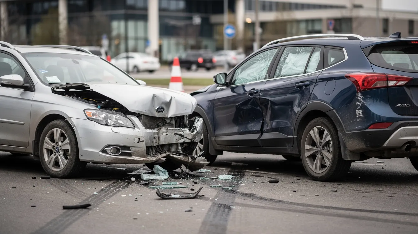 The image depicts two damaged vehicles after a traffic collision, showcasing significant property damage and the aftermath of a car accident. This scene highlights the potential for personal injury claims, as the parties involved may face medical bills and emotional distress resulting from the incident.