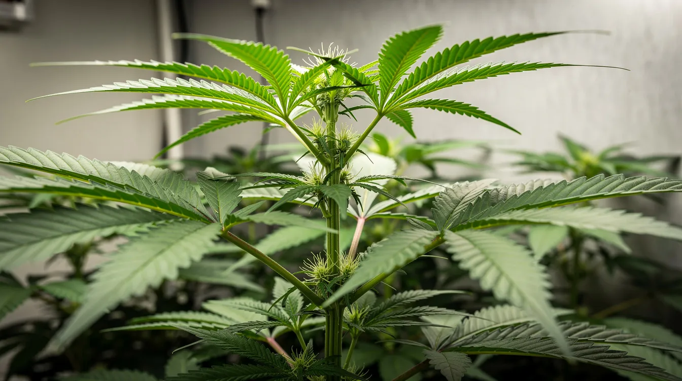The healthy cannabis plant has robust fan leaves and several nodes, indicating vegetative growth during the cannabis growth phase. This plant is in optimal condition for indoor cultivation and is ready for the next phase of its life cycle.