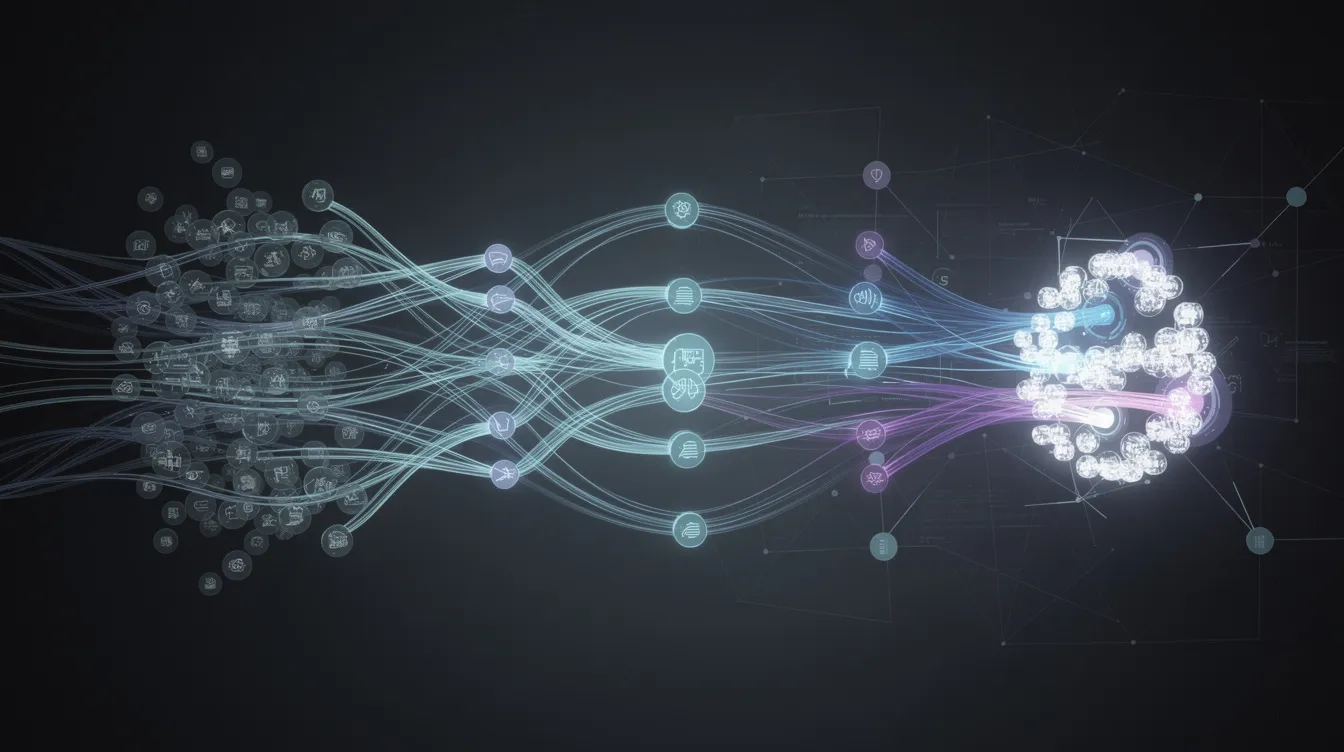 The image depicts an abstract visualization of interconnected nodes, symbolizing a retrieval pipeline where data flows between them, illustrating the process of retrieving relevant documents and context for enhancing LLM responses in advanced AI applications. This representation highlights the importance of retrieval systems in managing sensitive data and providing relevant information for technical interviews and system design.