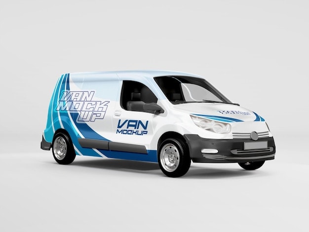 White and blue delivery van mockup with bold “Van Mockup” text on the side and hood, featuring clean lines and a modern, professional design.