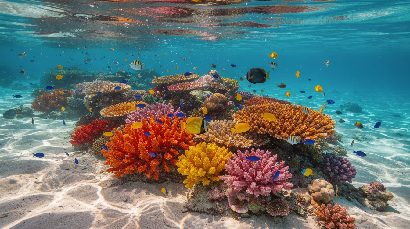 Imagem de um vibrante recife de coral em Curaçao, onde peixes tropicais nadam nas águas cristalinas e rasas, refletindo tons de azul turquesa. Este cenário é um convite para a exploração da rica vida marinha e das experiências inesquecíveis que a ilha oferece aos visitantes.