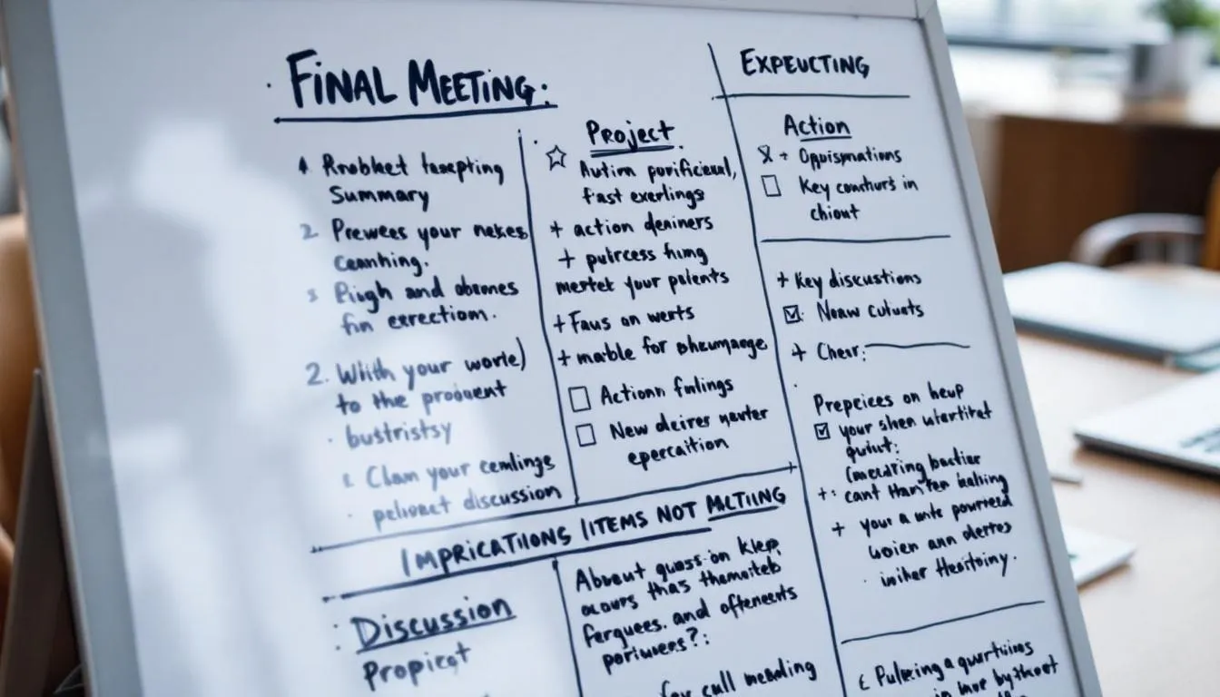 Ein Flipchart zeigt Notizen und wichtige Punkte für ein Abschlussgespräch zwischen einem Mitarbeiter und seinem Arbeitgeber. Die Inhalte umfassen Themen wie Kündigung, Feedback und die Gründe für den Jobwechsel, um eine konstruktive Diskussion über das Arbeitsverhältnis zu fördern.