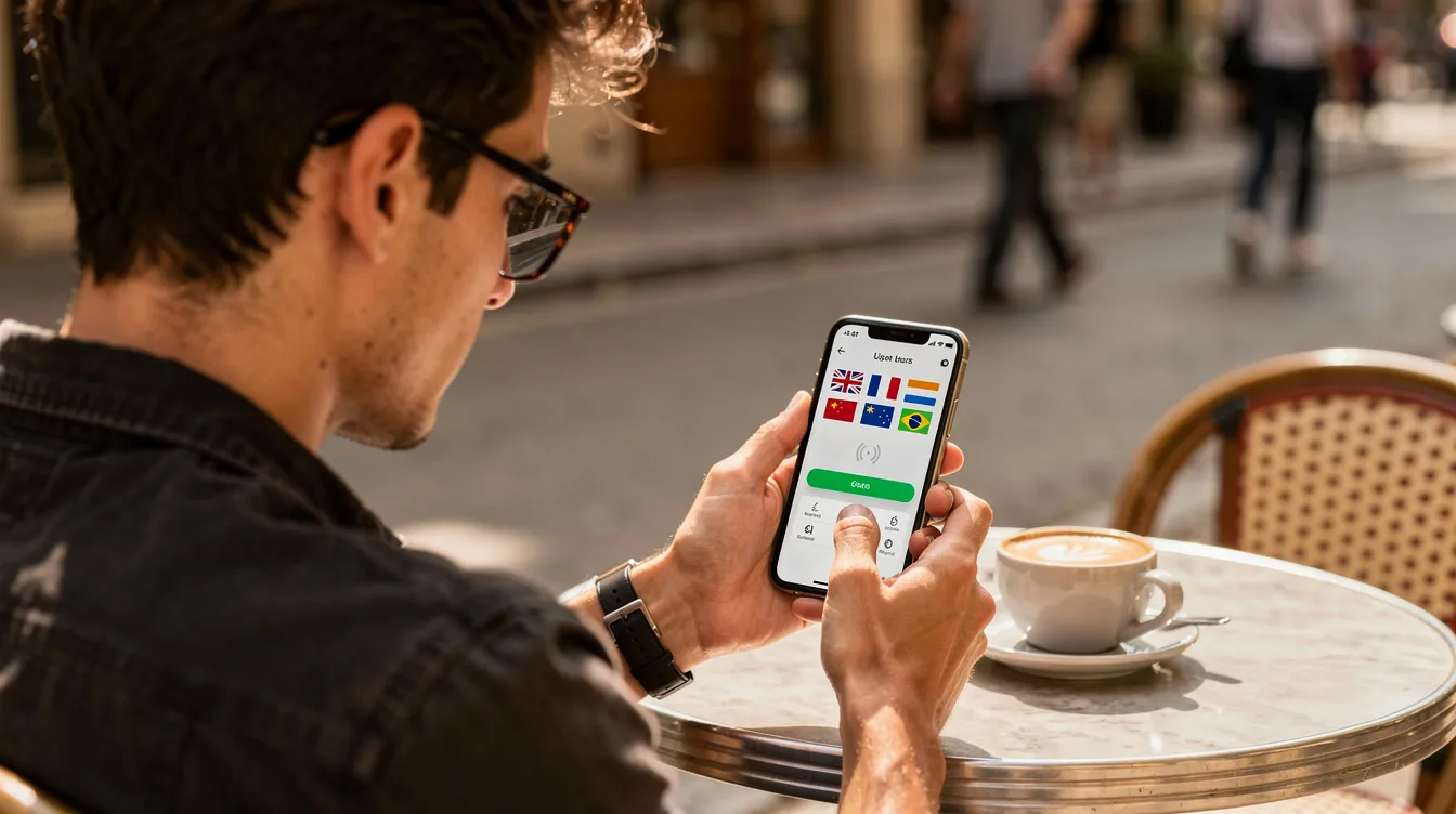 A person is sitting at a cafe, focused on their smartphone as they send an international money transfer, possibly using the UCO Bank app to facilitate the transaction. The scene captures the convenience of online banking for transferring money abroad.
