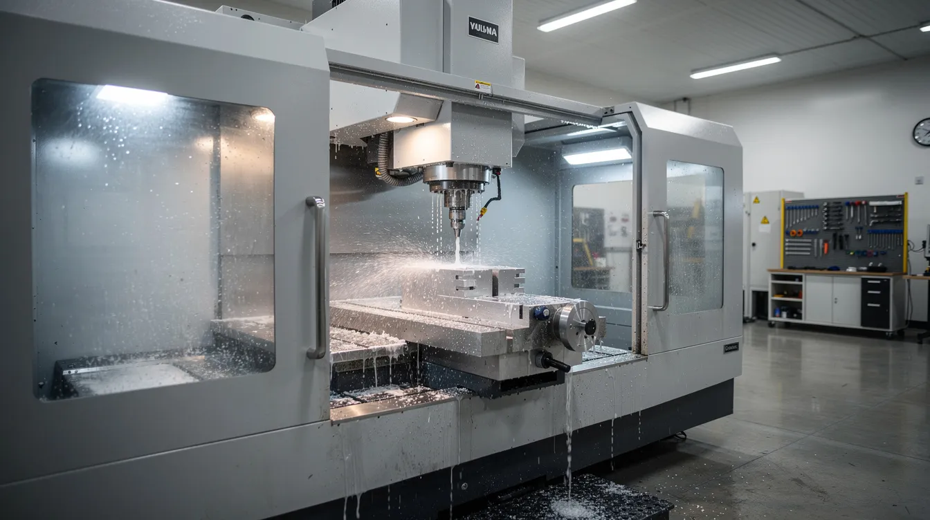 A large industrial CNC machining center is actively cutting an aluminum workpiece inside a clean factory, with a steel enclosure and coolant spraying around the process. The machine showcases advanced CNC technology, emphasizing high-speed cutting and precision in a production environment.