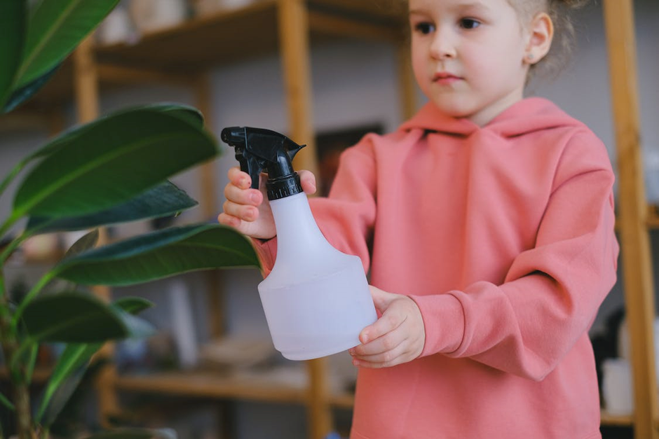 Kid spraying water on a plant