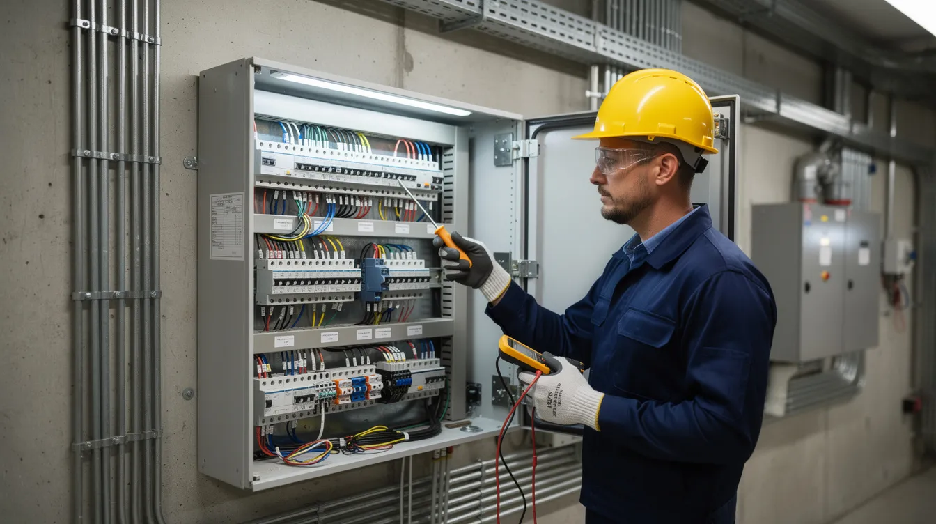 Keyword Research For Construction Websites (A Somewhat Quick &Amp; Dirty Edition) | Rsm Marketing An electrician is focused on working on a commercial electrical panel, surrounded by various tools and equipment typical for construction services. The scene highlights the importance of skilled labor in the construction industry, ensuring safety and functionality in electrical systems.