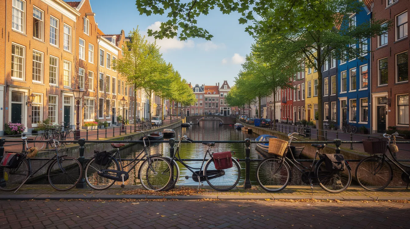 The image depicts a picturesque canal-lined street in a Dutch city, featuring colorful buildings and bicycles parked along iron railings. This vibrant scene reflects the student life in the Netherlands, where international students enjoy affordable universities and a high quality education system.