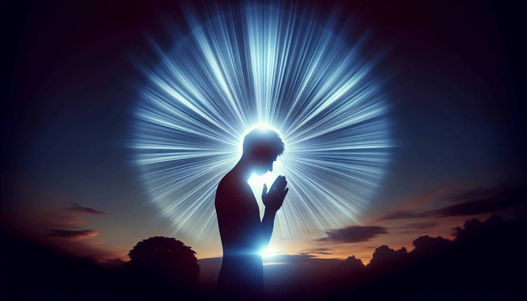 A person praying with hands clasped and head bowed in a beam of light
