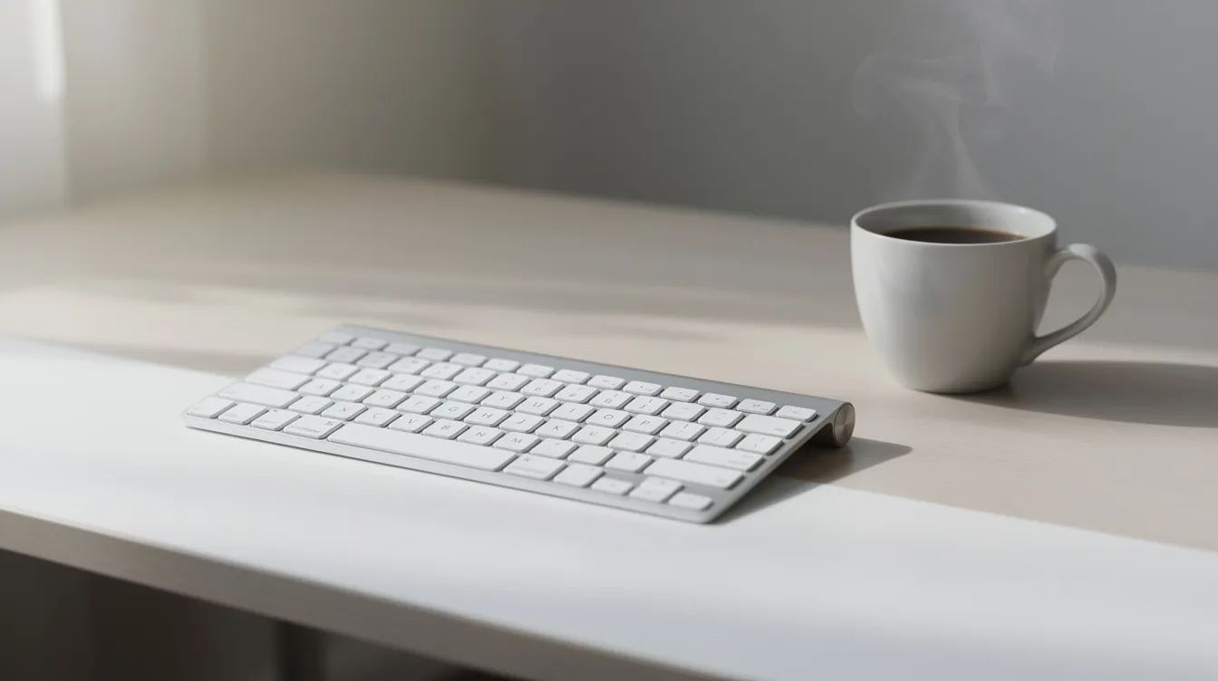 Auf dem aufgeräumten Schreibtisch liegt eine Apple-Tastatur, neben der eine Tasse Kaffee steht. Die Tastatur ist bereit für Eingaben und zeigt die typischen Tasten wie das Copyright-Zeichen, das häufig in Texten verwendet wird.
