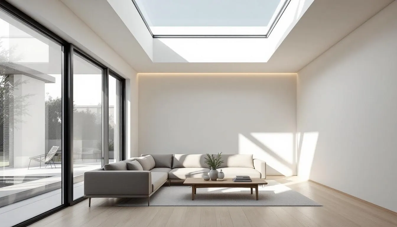 A bright and inviting room enhanced by installed skylight shades.