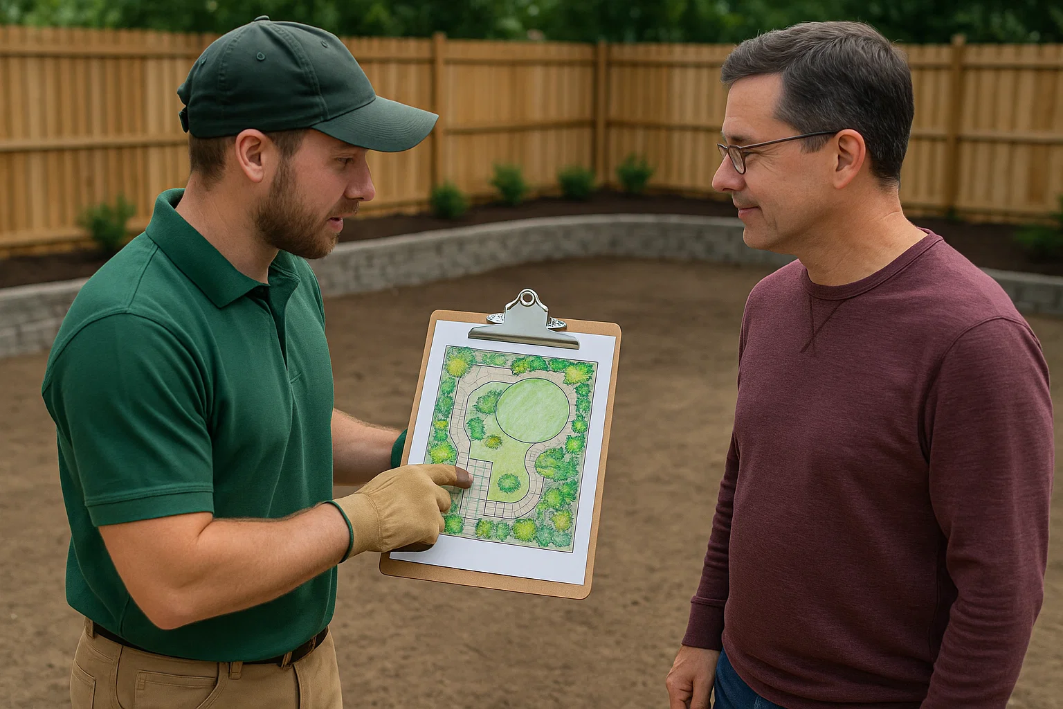 Landscaper discussing groundwork plans with a customer on-site.