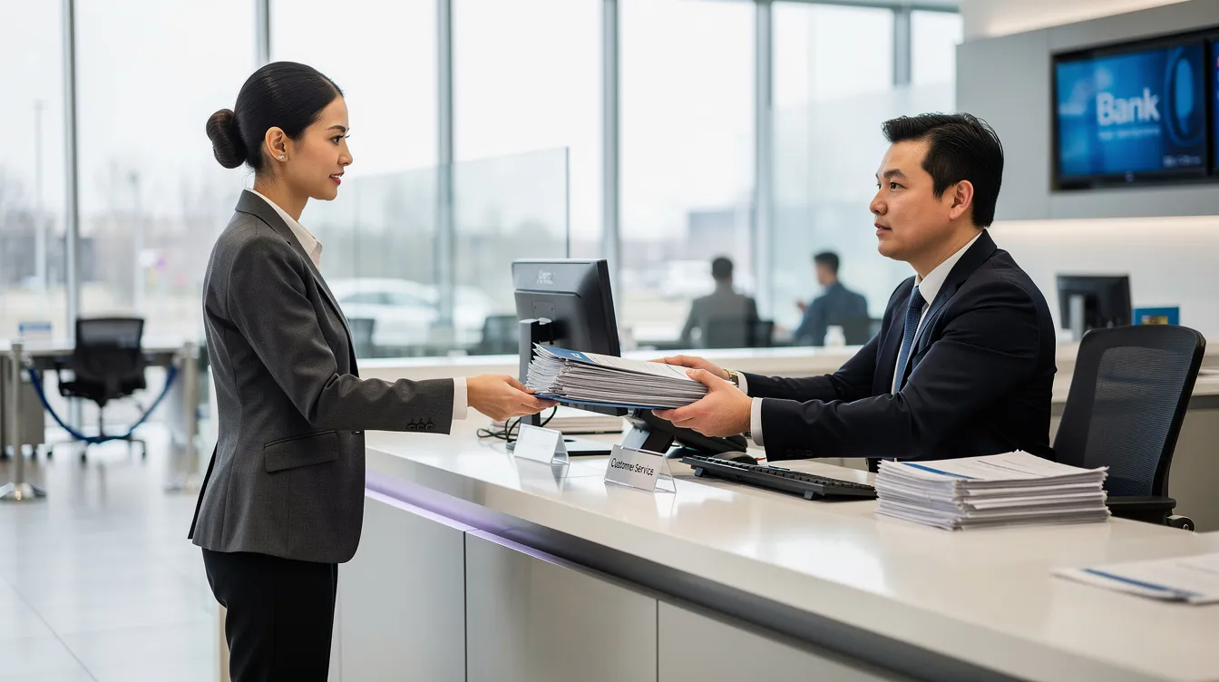 f810d944 efb9 478b 9eef 2e85defa119a The image shows a person standing at a bank counter, handing over a file of documents to a bank officer, possibly related to a mudra loan application. The scene captures the process of seeking loan approval for a business, highlighting the importance of having a clear business plan and necessary documentation.