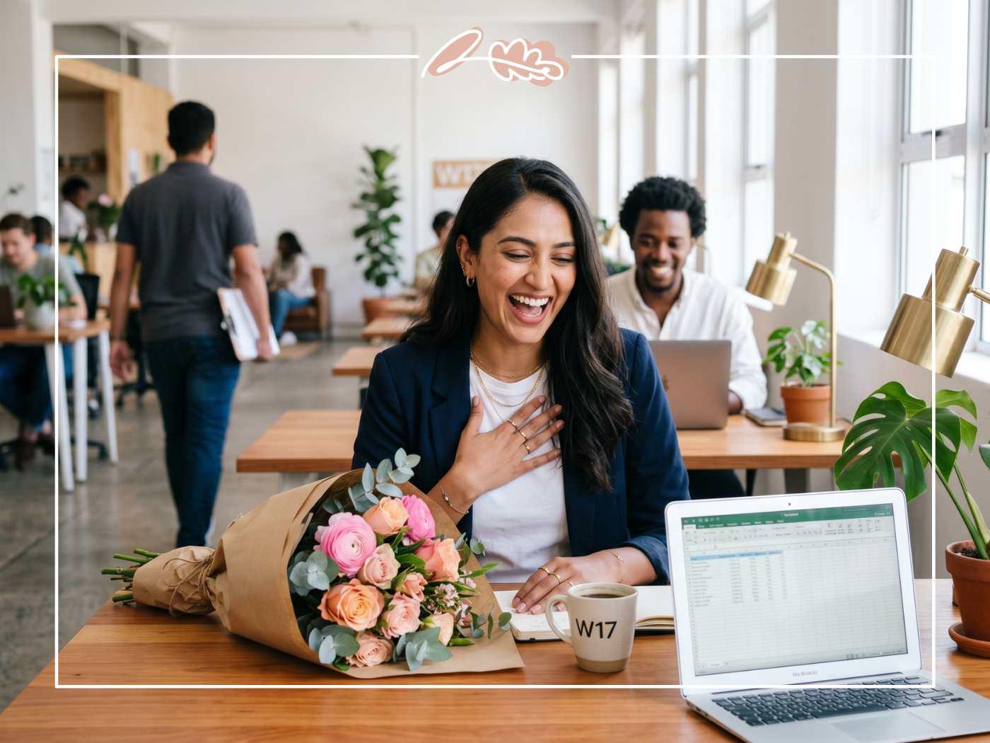Smiling South African woman at her Cape Town co-working desk laughing in surprise at a kraft-wrapped birthday bouquet from Fabulous Flowers