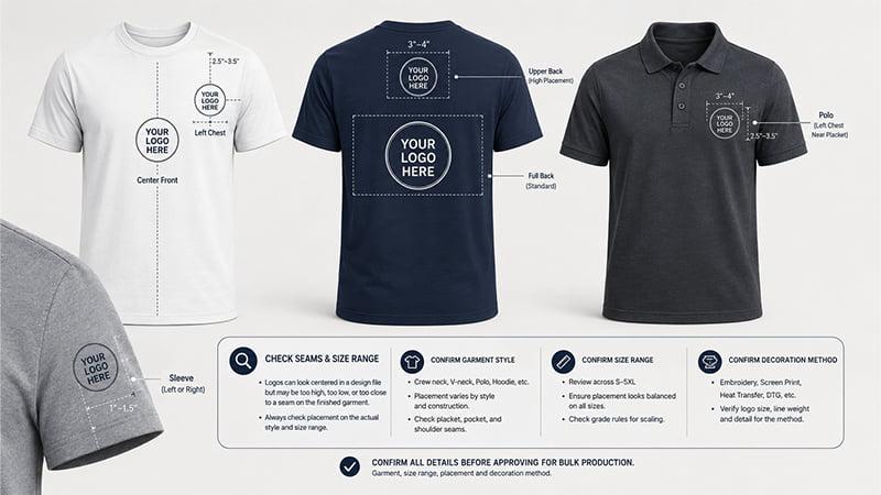 T-shirt logo placement examples for front, back, sleeve and polo shirts