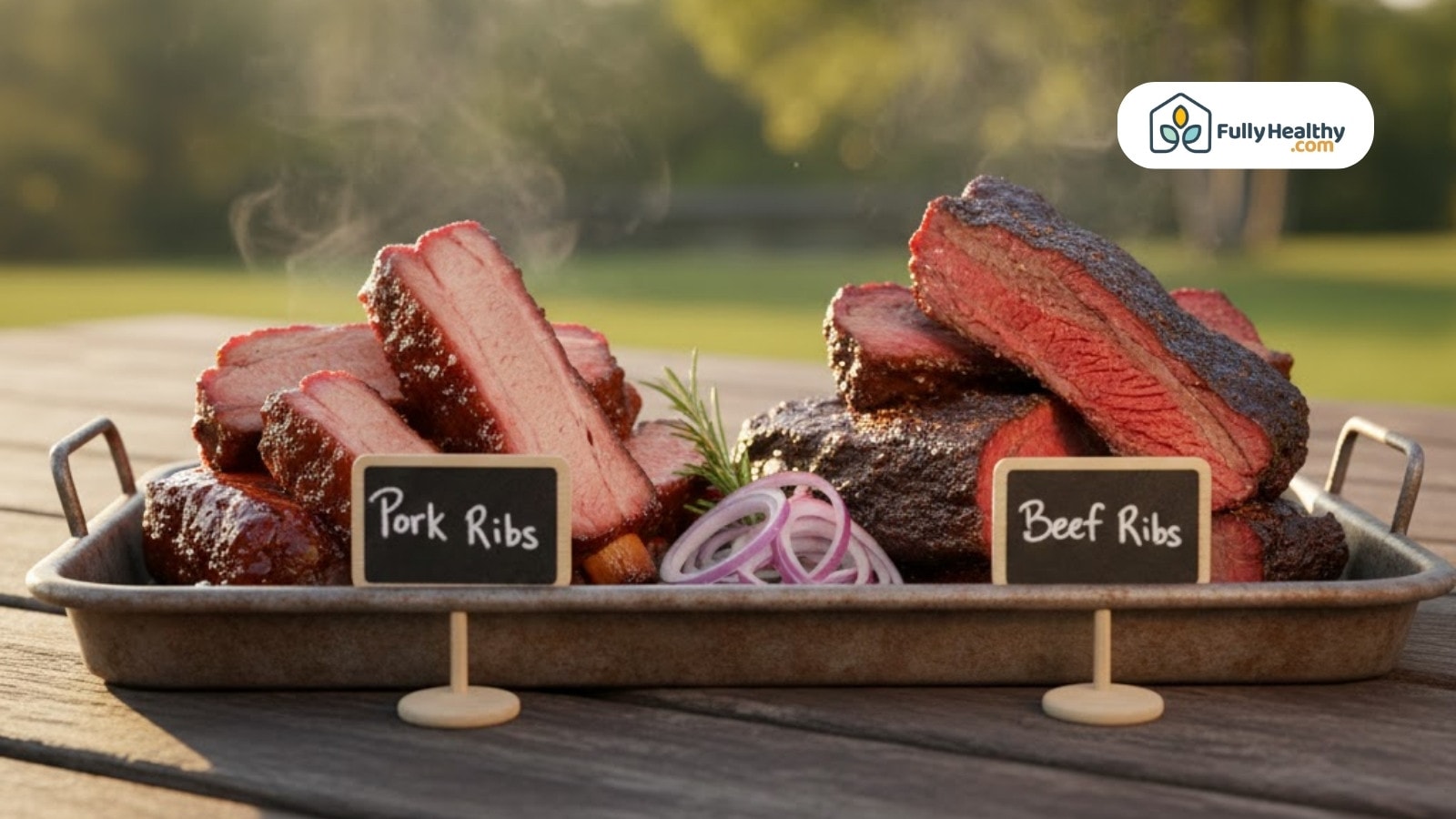 Cooked pork ribs and beef ribs served with garnish on outdoor table