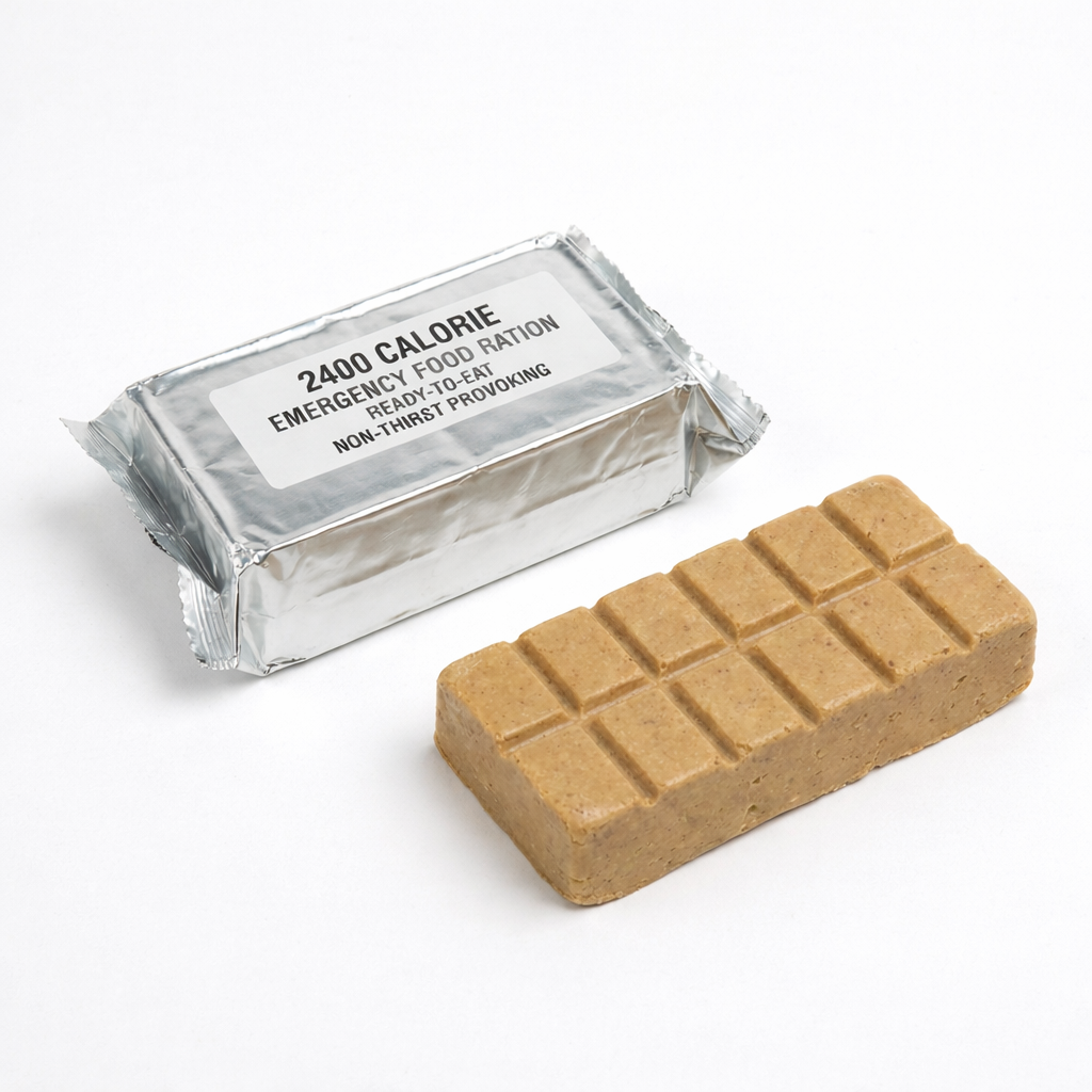 A packaged and an unwrapped emergency food ration bar, showing its ready-to-eat, non-thirst-provoking format.