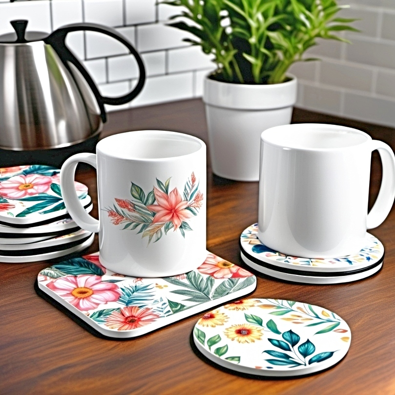 Sublimation designs on mugs and coasters at the kitchen table