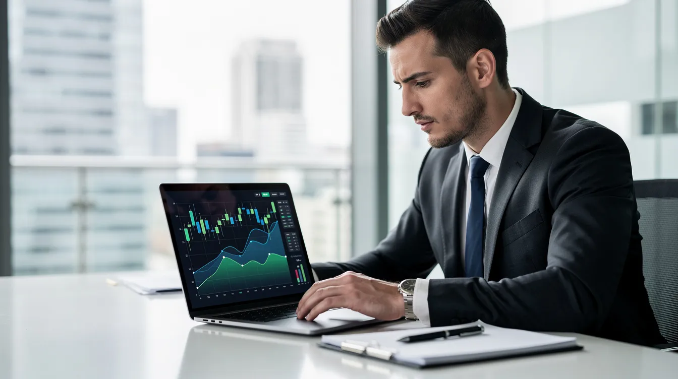 f8199885 8c02 41c9 87e7 bab93e14c101 A business professional is seated at a desk in an office, intently analyzing financial charts displayed on a laptop screen. The charts likely depict the company's financial health, including metrics such as the debt service coverage ratio (DSCR) and operating income, as they assess the company's ability to cover debt payments and manage financial obligations.