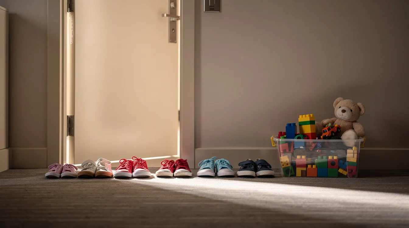 A neat row of children's shoes is lined up by the hotel room door, accompanied by a small bin of toys, creating an organized and tidy space for family vacation essentials. This arrangement helps keep things organized and easily accessible during their stay.