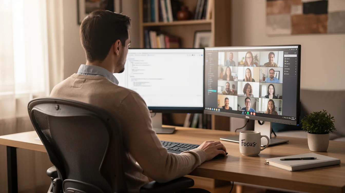 A person is seated at a home office desk, working intently on dual monitors, with a coffee mug beside them. This setup is ideal for medical coding professionals who often manage patient records and ensure accurate billing in healthcare settings.