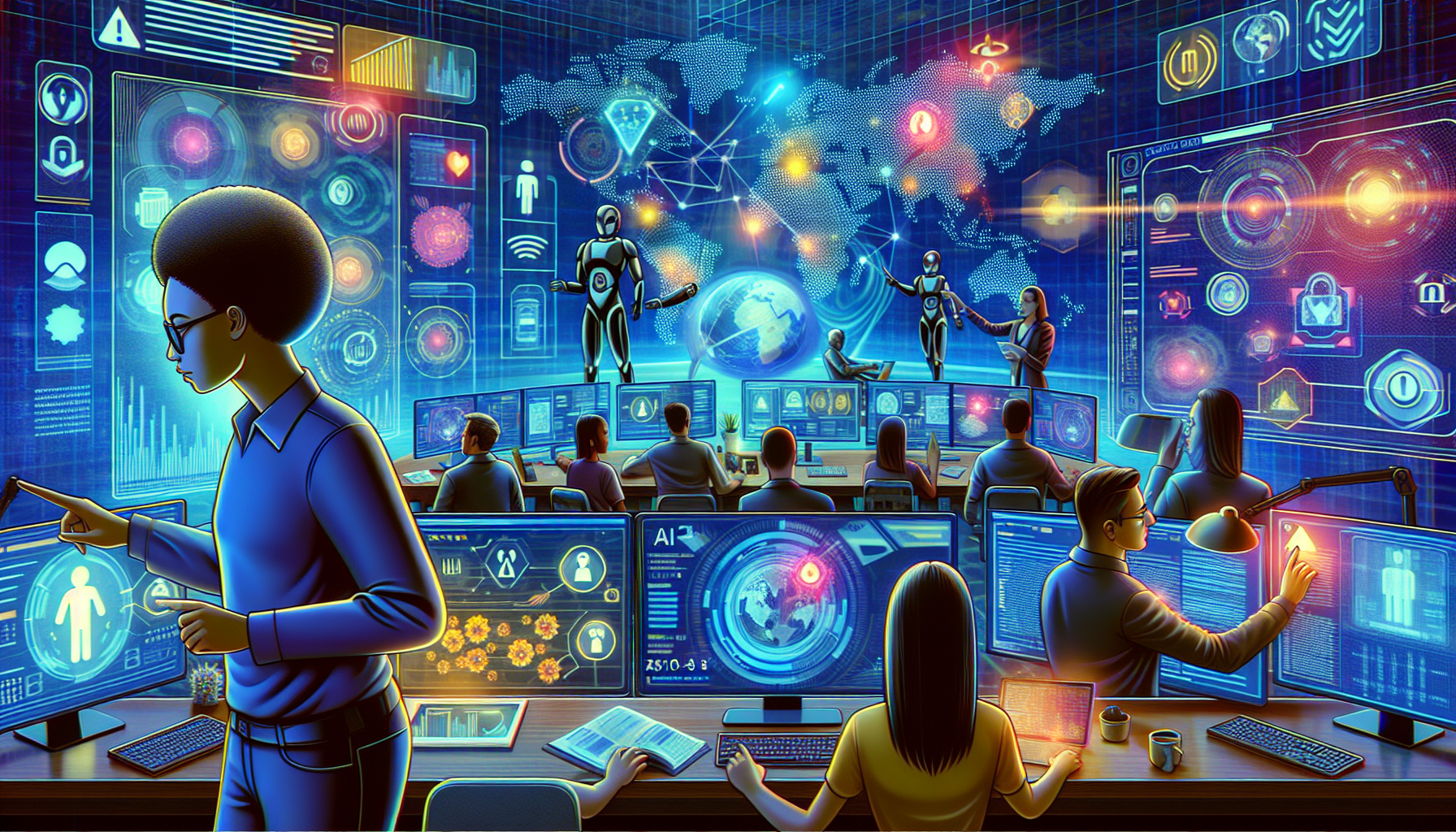 An artistic depiction of practical applications of AI in cybersecurity.