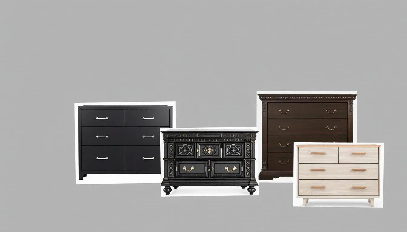 The image showcases a collection of six chests of drawers in various styles, including contemporary, traditional, and Scandinavian designs, perfect for enhancing bedroom storage. Each chest features a unique aesthetic and offers ample storage space, making them ideal for organizing clothing and accessories in any bedroom setting.