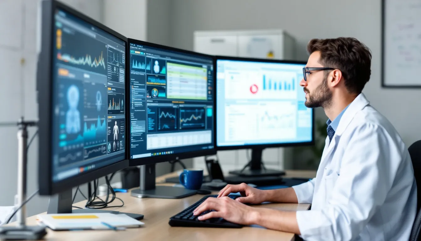 A healthcare professional is focused on analyzing patient data across multiple computer screens, each displaying different electronic health record interfaces. This scene illustrates the importance of clinical data management and data analytics in improving patient outcomes and supporting healthcare providers in their decision-making processes.