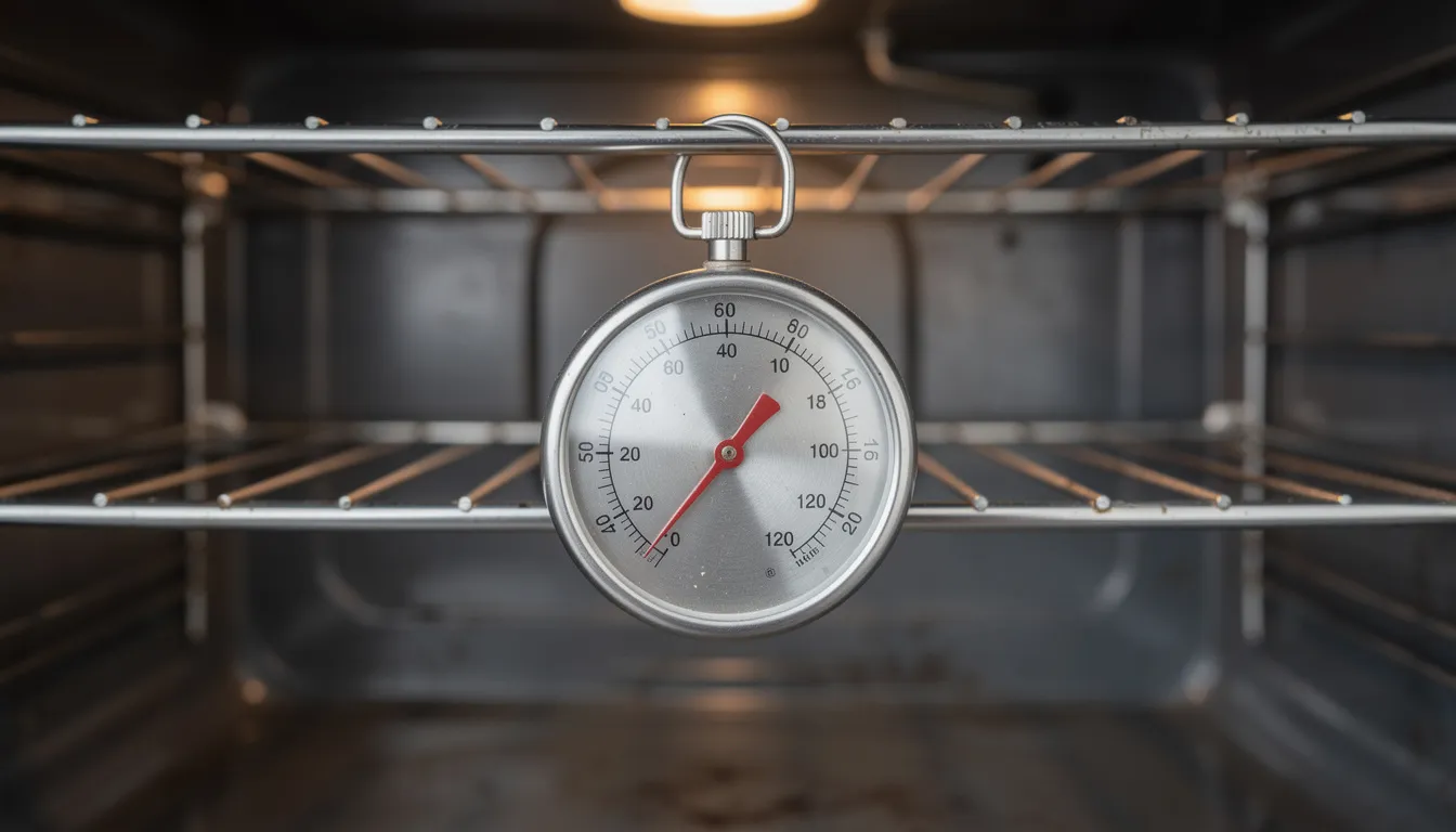 An oven thermometer is hanging on a metal rack inside a home oven, indicating the oven temperature for precise baking. This essential baking tool helps prevent common baking mistakes by ensuring the correct temperature for baked goods.