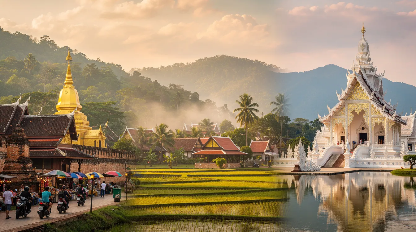 A imagem retrata uma vista panorâmica de Chiang Mai e Chiang Rai, na Tailândia, destacando a rica cultura e arquitetura tailandesa, com templos impressionantes como o Wat Phra Yai. Ao fundo, montanhas verdes e um céu azul proporcionam um cenário deslumbrante, típico do sudeste asiático, atraindo turistas em busca de experiências únicas.