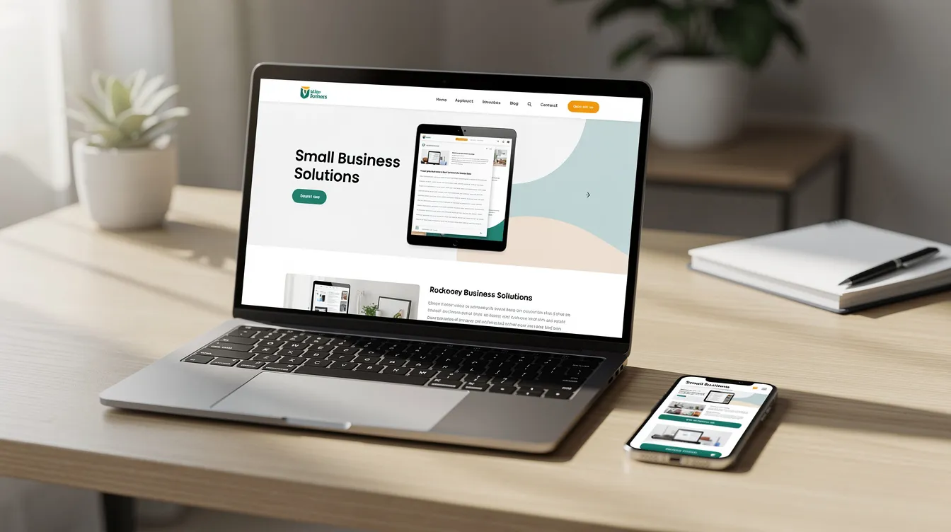 The image features a laptop and smartphone placed on a wooden desk, both showcasing a clean and modern small business website designed for mobile users. The website highlights a responsive layout, ensuring an optimal viewing experience on mobile devices and desktops alike.