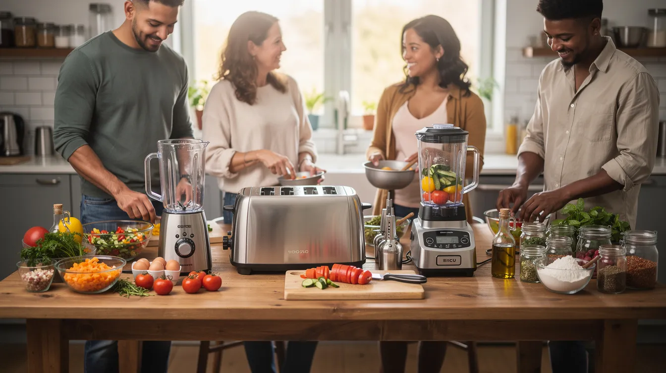 Een gezellige tafel vol kleine keukenapparaten en ingrediënten, waar mensen samen eten bereiden en genieten van elkaars gezelschap. De sfeer is warm en uitnodigend, met een focus op het samen ondernemen en entertainen.