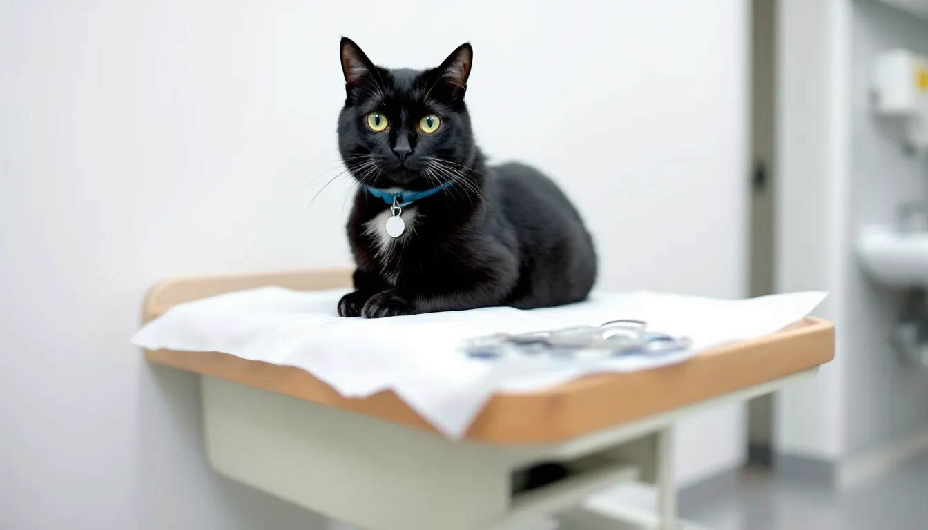 Een volwassen kat zit in de spreekkamer van de dierenarts, waar ze wordt onderzocht op mogelijke oorzaken van haar verminderde eetlust. De kat lijkt misselijk en heeft last van symptomen zoals braken en gewichtsverlies.