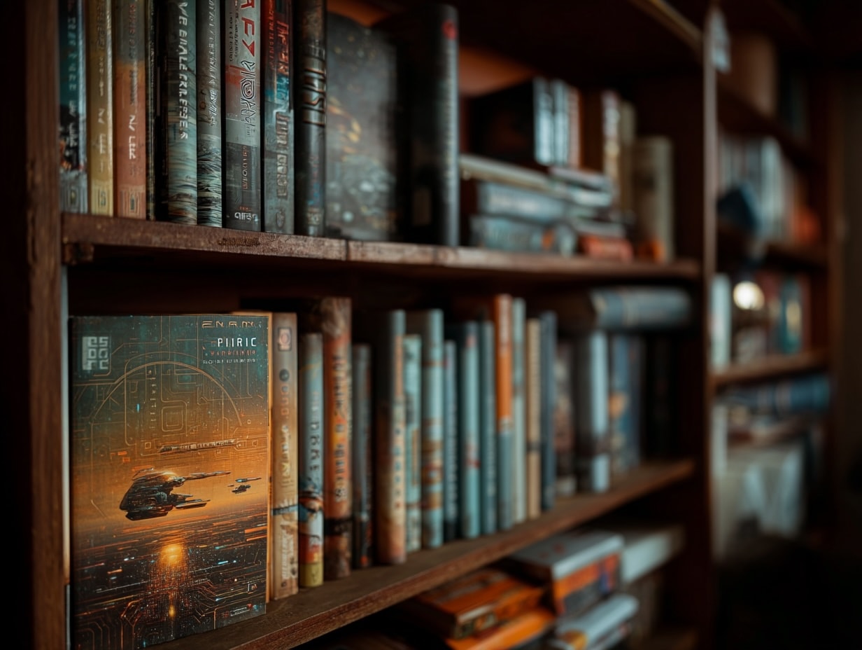A stack of classic science fiction novels with a vintage look.