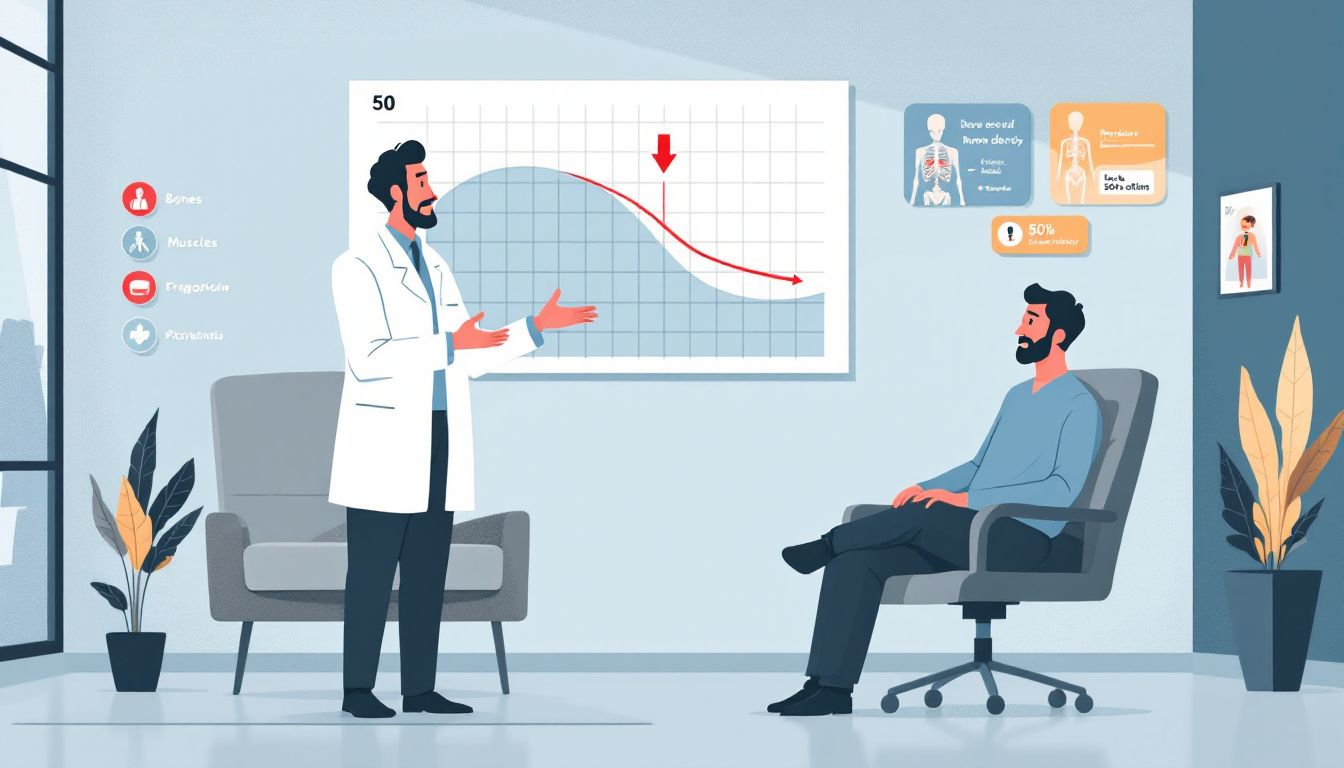 An illustration of a doctor discussing testosterone replacement therapy with a patient.