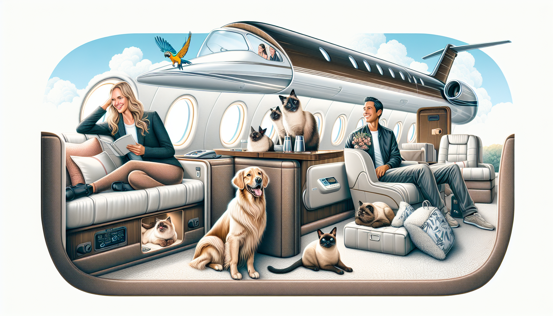 Illustration of a pet-friendly private jet with passengers and pets on board