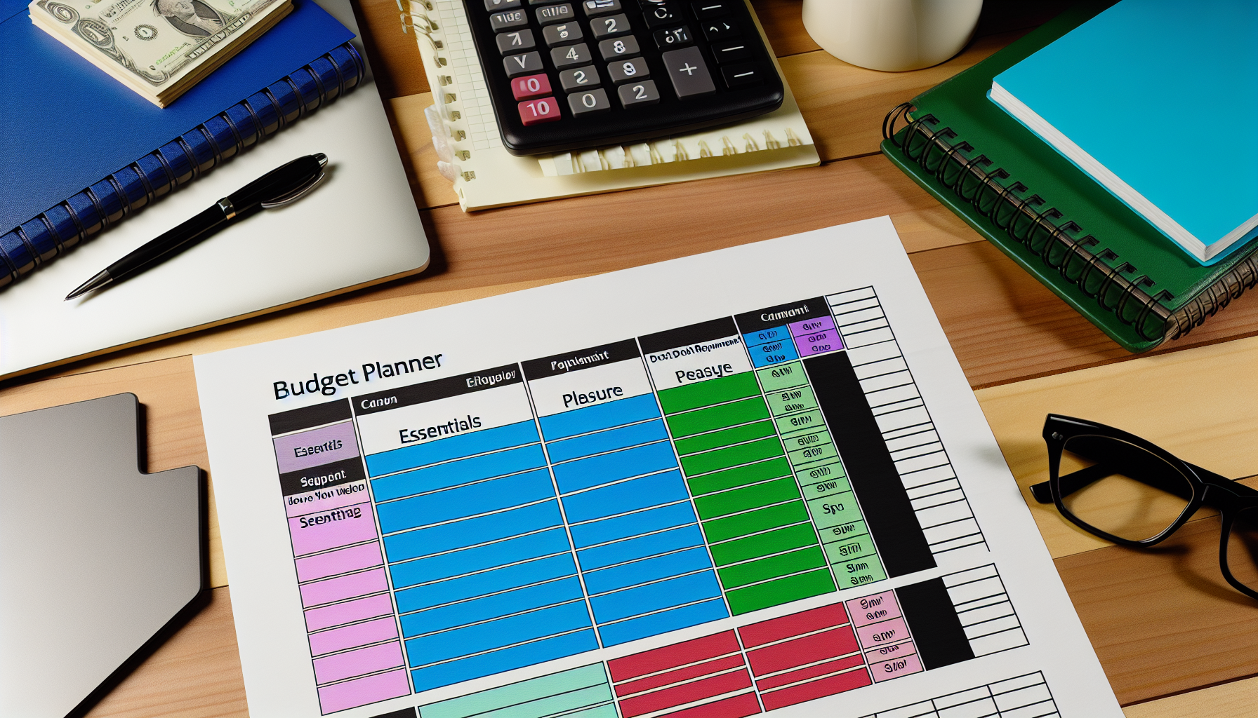 A budget planner with sections for essentials, pleasure, and savings and debt repayment