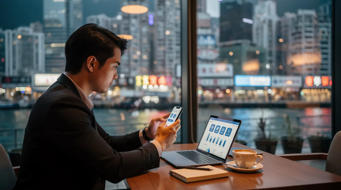 A person is sitting at a coffee shop, browsing loan options on their smartphone, while the vibrant Hong Kong cityscape is visible through the window. The scene captures the essence of modern financial exploration amidst the urban backdrop, highlighting options like 免 入 息 貸款 and the convenience of online申請.