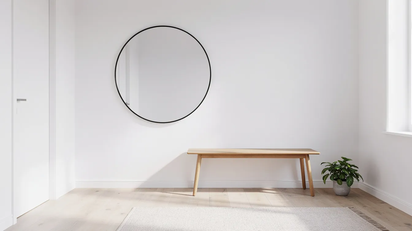 En ljus, skandinavisk hall med en stor rund spegel hängd på en vit vägg, vilket ger en elegant känsla till rummet. Bredvid spegeln finns en träbänk som kompletterar inredningen på ett stilfullt sätt.