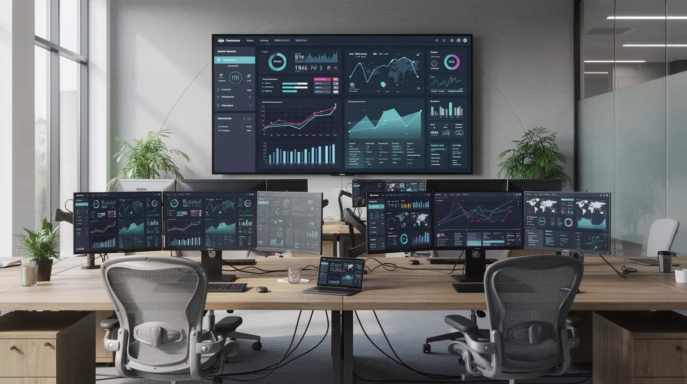 The image depicts a modern workspace featuring multiple technology screens displaying vibrant data analytics and research dashboards, highlighting market trends and industry insights. This setup emphasizes the importance of expert network services in providing valuable insights for informed decision-making by investment firms and industry professionals.