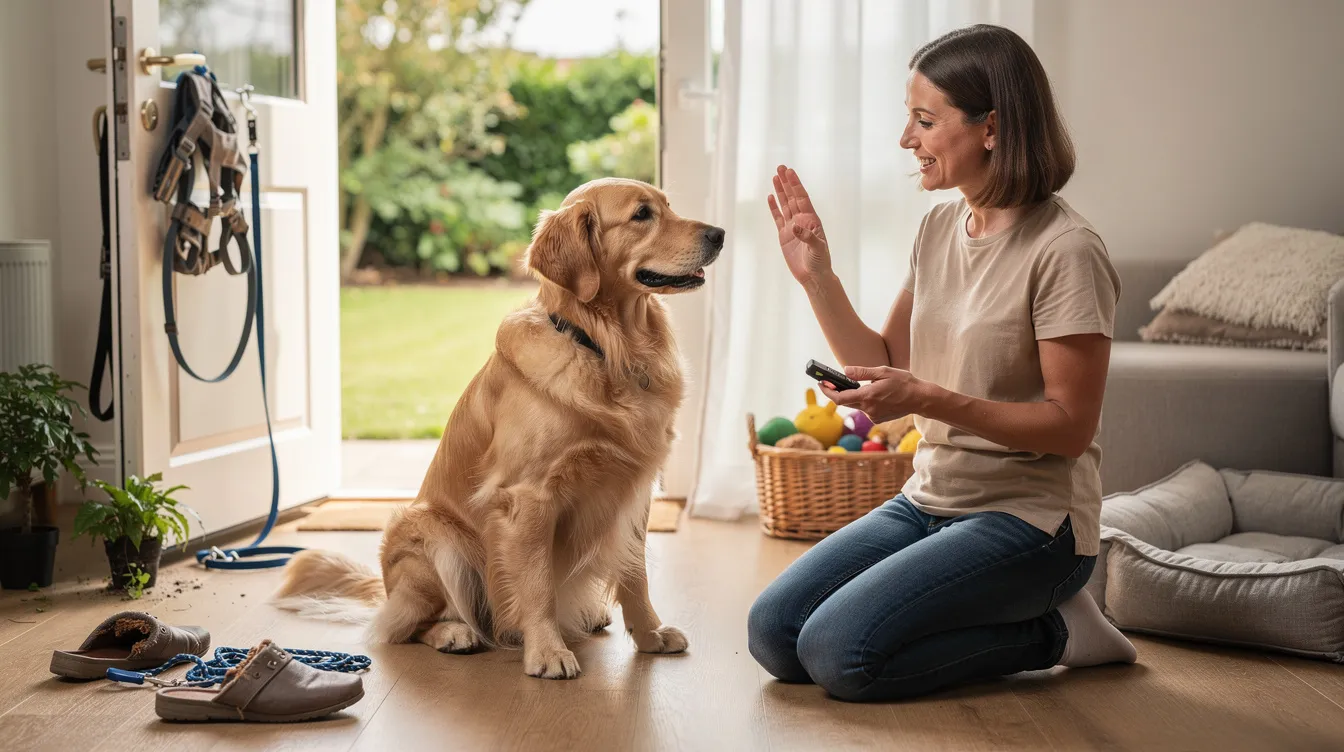 The image depicts a golden retriever puppy engaged in a training session, showcasing positive reinforcement techniques with its owner. The scene captures the essence of golden retriever training, highlighting the importance of consistency and guidance in overcoming common challenges faced during puppy training.