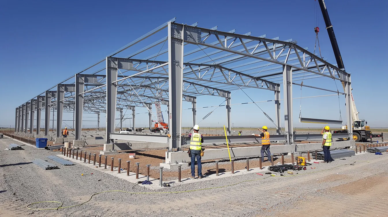 Steel-frame construction of a multi-bay industrial building in progress.