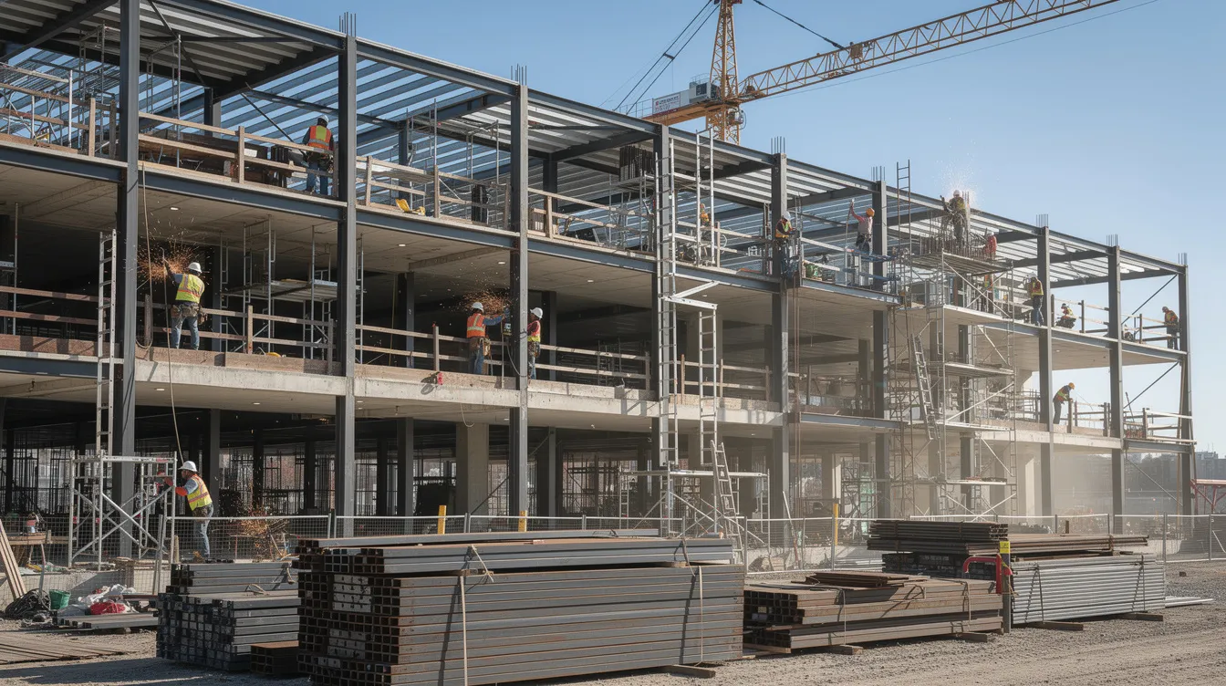 The image depicts a bustling commercial construction site featuring large steel framing, with multiple trade workers actively engaged on scaffolding. This scene highlights the collaborative efforts of construction managers, subcontractors, and general contractors as they work on a significant development project, emphasizing the dynamic nature of the construction industry.