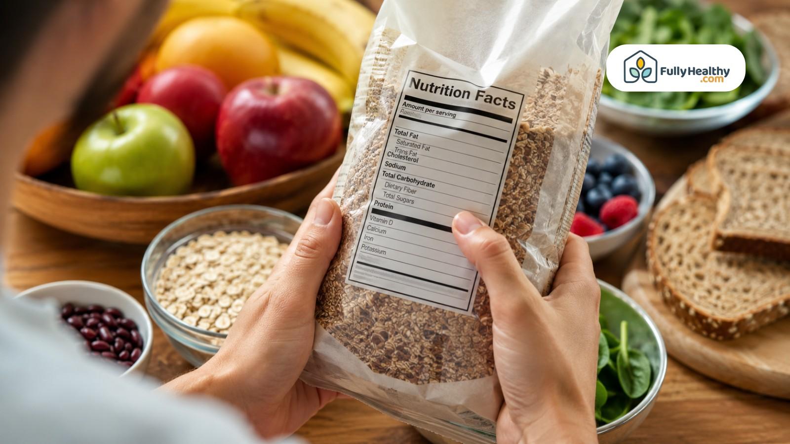 Hands reading nutrition facts on grain package near oats, berries, bread, and spinach