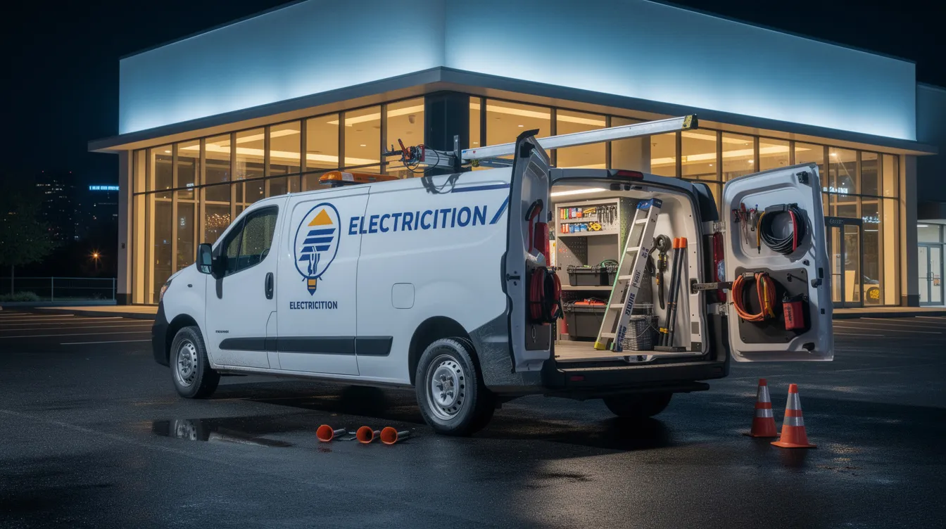 A service van equipped with various tools for commercial electrical work is parked outside a well-lit commercial building at night, showcasing the readiness of licensed electricians to address electrical needs and provide efficient solutions for businesses. The scene emphasizes the importance of expert electrical services and safety in maintaining electrical systems.