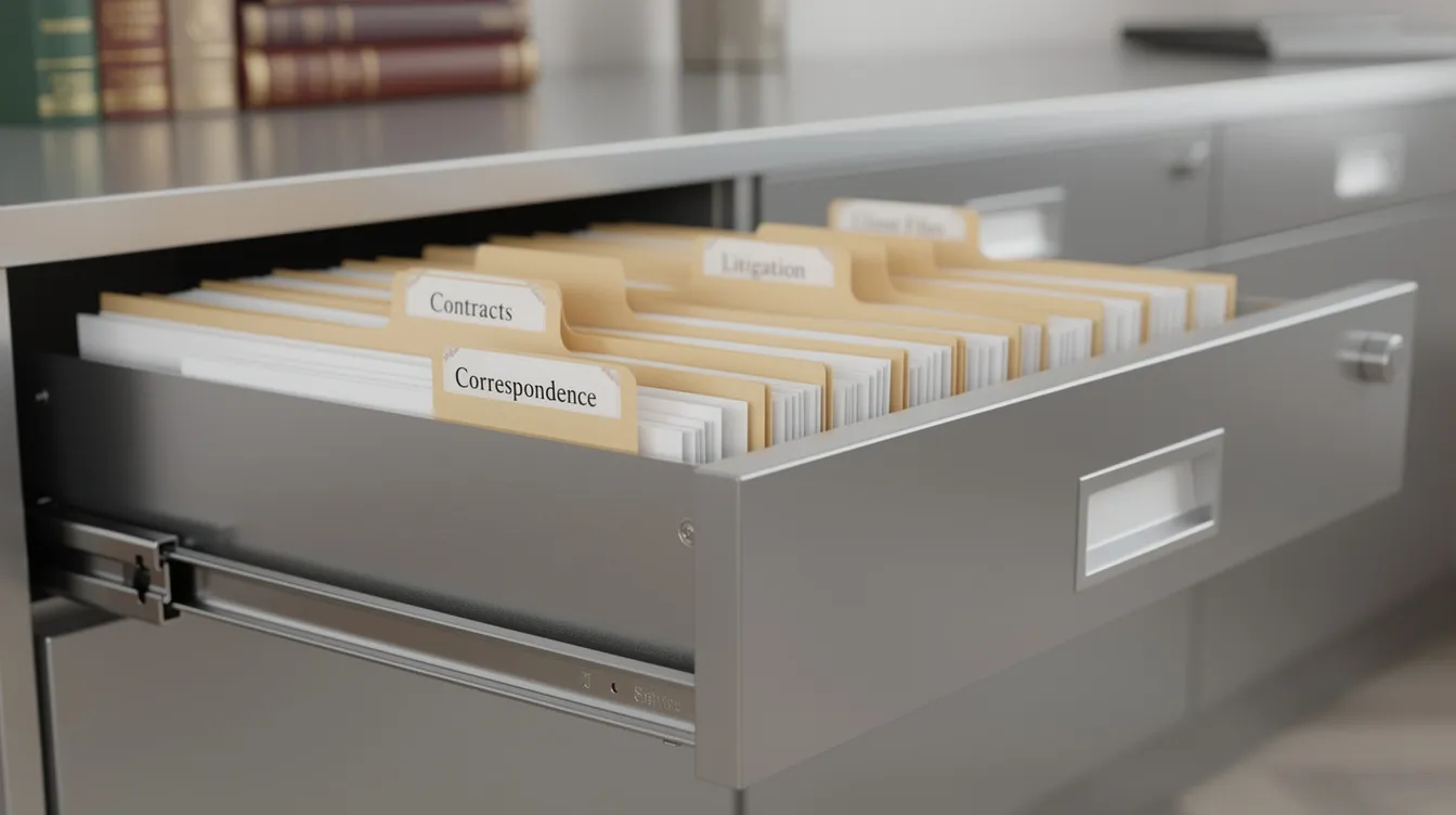 The image shows an organized filing cabinet filled with neatly arranged legal documents, including forms related to divorce, legal separation, and notices of entry. Each document contains relevant information such as effective dates, judgments, and instructions for compliance with court regulations.