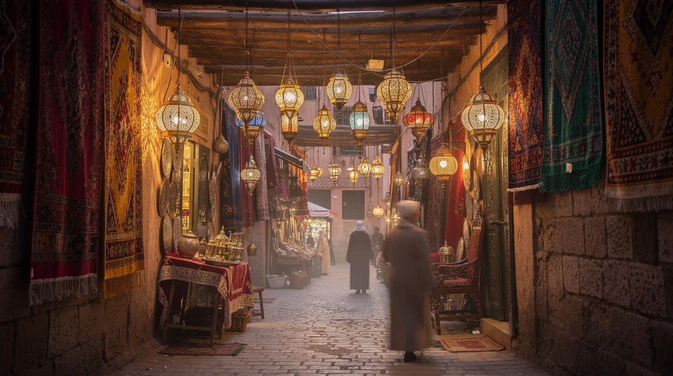 The image depicts a vibrant alley in a traditional Marrakech souk, adorned with colorful textiles and handcrafted lanterns hanging from the walls. This bustling scene captures the essence of the red city, inviting travelers to explore its many shops under clear skies and pleasant weather.