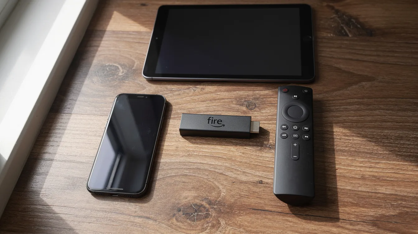 An assortment of streaming devices is displayed on a wooden table, including a Fire TV Stick, a smartphone, a tablet, and a smart TV remote, highlighting various options for accessing IPTV services and live TV entertainment. This setup offers viewers a range of features for enjoying premium channels, movies, and live sports.