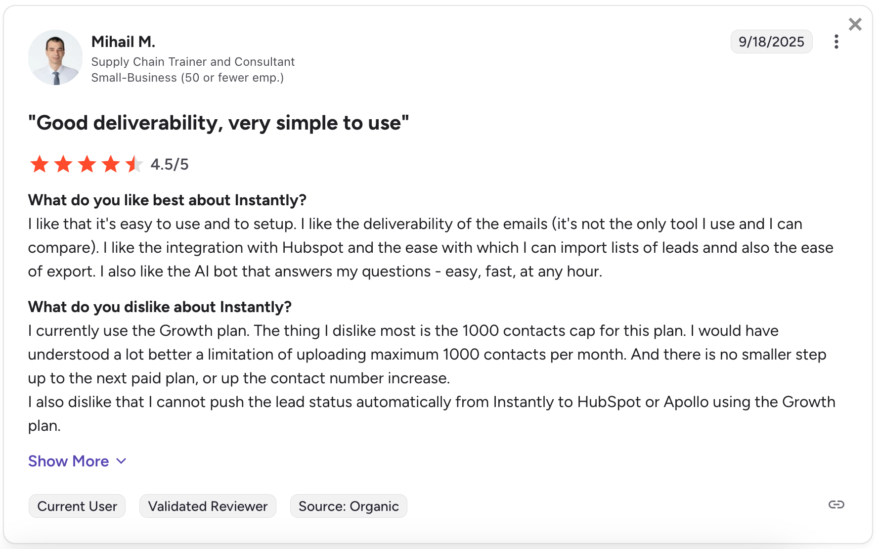 Instantly user review screenshot