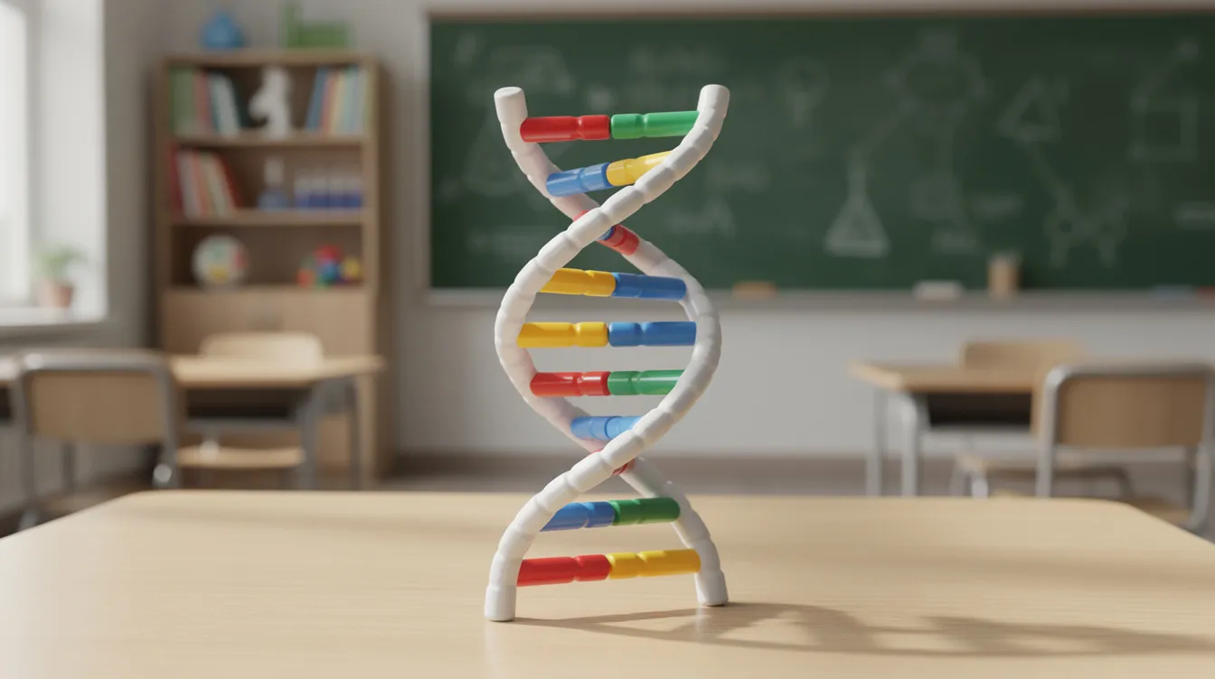Na biurku szkolnym znajduje się kolorowy model plastikowy podwójnej helisy DNA, który ilustruje budowę genetyczną. Model ten może być użyty jako materiał do nauki biologii w klasie 8, szczególnie podczas powtórek przed sprawdzianem.