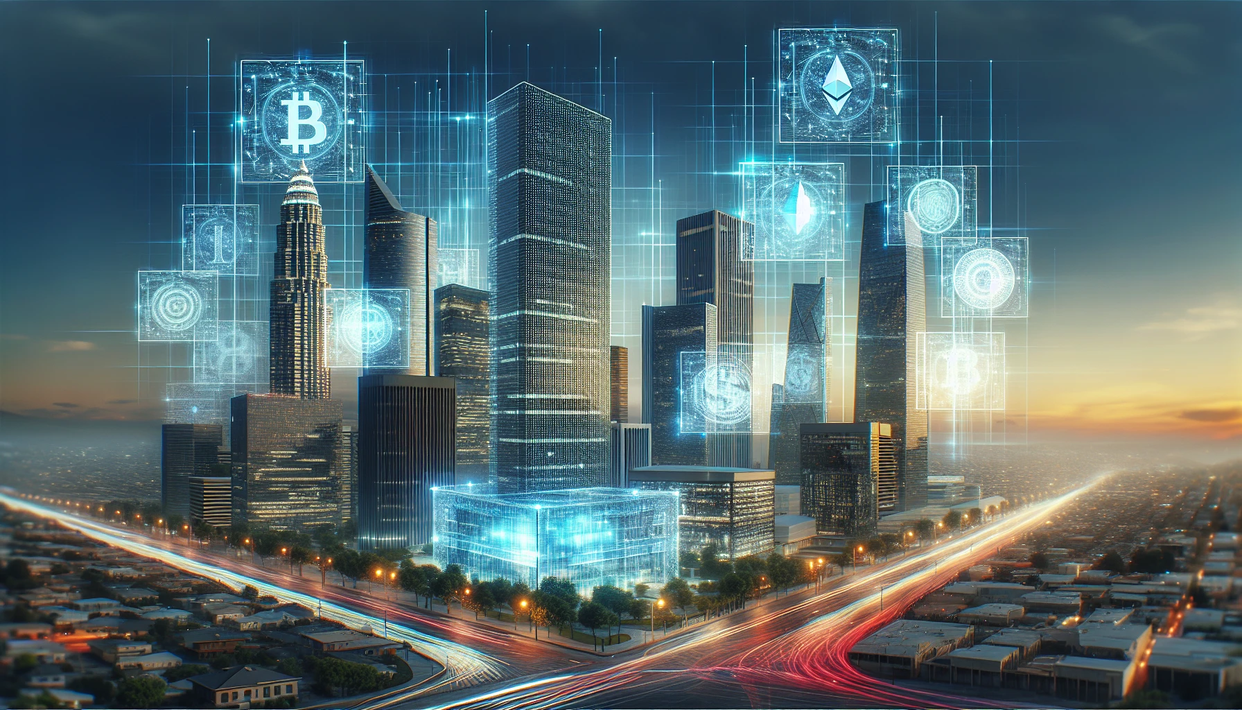 Illustration of a futuristic financial landscape with tokenized real estate and art - Blockchain technology – crypto assets – smart contracts – tokenization – Traditional Finance – cryptocurrency – digital assets – tokenizing – digital tokens – tokenized assets – Real World Assets 